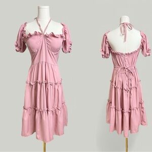 Pink Dress Women XL Bustier Puff Short Sleeves Ruffles Halter Sundress Wedding